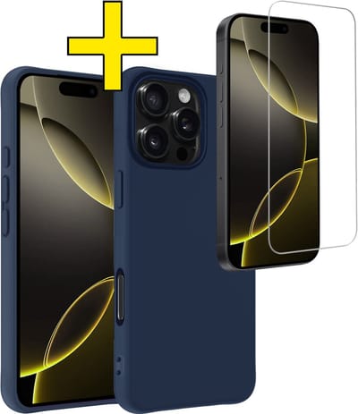 Hoesje - Met Screenprotector - Geschikt voor Apple iPhone 16 Pro - Sterk & Shockproof - Back Cover - Siliconen Case - Telefoon Hoes - Telefoonhoesjes - Donkerblauw