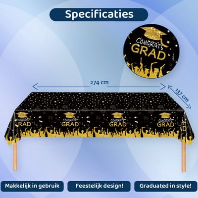 BTH - Tafelkleed - Geslaagd Versiering - Graduation - Decoratie - Tafellaken - Zwart - Goud - 274*137 cm