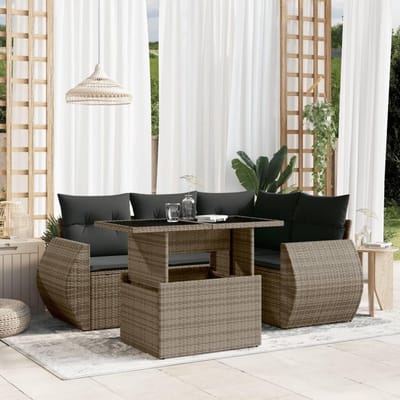 Loungeset met Verstelbare Tafel 5-Delig – Polyrotan Tuinset Lounge & Dining 2-in-1 met Kussens – Modulaire Balkon & Terras Set – Urbanhome