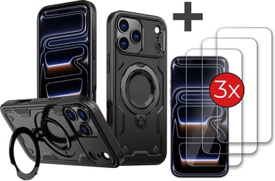 Hoesje Geschikt voor iPhone 17 Pro met 3 Stuks gehard glas Screenprotector - Armor hoes met Ringhouder - Arara backcover - Zwart