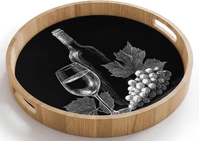 Dienblad rond 40x40 cm - Schootdienblad hout - Wijnfles - Glas - Druiven - Bladeren - Borrelplank rechthoek - Plateau houten dienbladen
