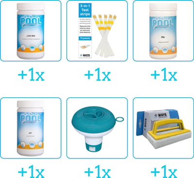 Zwembad Onderhoudspakket - Onderhoud Zwembad - bevat Chloor - Testrips - PH-min - PH-plus - Chloordrijver en Scrubborstel (6-delig)