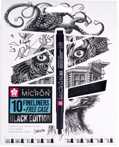 Fineliner Sakura Pigma Micron Black Edition Set mit 10 Breiten + gratis Etui