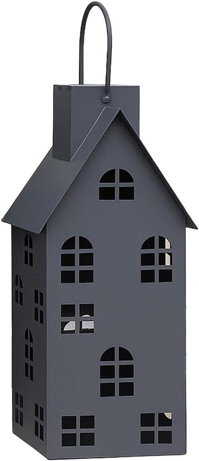 Metalen Huis Lantaarn - Decoratie Set - Sfeerverlichting Buiten - Zonne-energie Werking - Medium formaat - Grijs