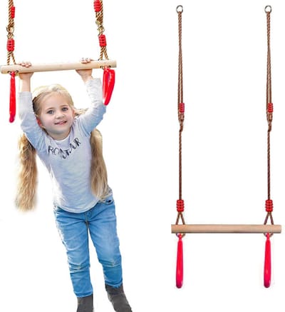 Houten schommelstoel, met plastic ringen - multifunctionele houten trapeze voor kinderen - Gymnastiek - Sport - (rood)
