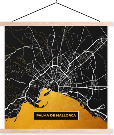 Posterhanger incl. Poster 40x40 cm - Schoolplaat - Mallorca - Stadskaart - Plattegrond - Goud - Kaart - Textielposter - Blanke latten - Stadskaart