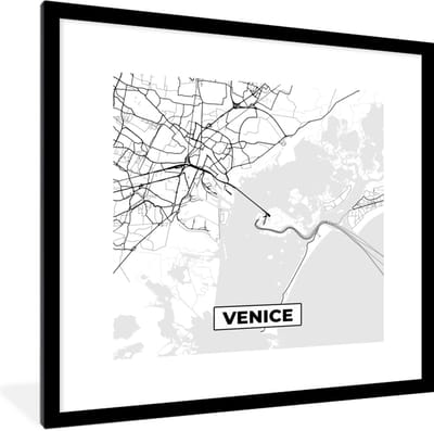 Fotolijst incl. Poster Zwart Wit- Venetië - Stadskaart - Plattegrond - Zwart Wit - Kaart - 40x40 cm - Posterlijst