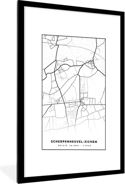 Fotolijst incl. Poster Zwart Wit- België – Scherpenheuvel Zichem – Stadskaart – Kaart – Zwart Wit – Plattegrond - 60x90 cm - Posterlijst