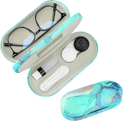 Dubbelzijdige 2-in-1 Contactlenzen etui en Brillenetui met Spiegel en Pincet – Draagbare Opbergset voor Reizen en Kantoor – Groen Marmer