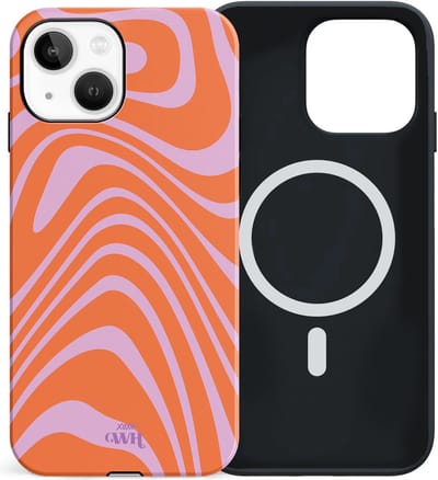 xoxo Wildhearts siliconen hoesje geschikt voor iPhone 13 MagSafe hoesje - Boogie Wonderland Orange - Double Layer - Magnetisch telefoonhoesje - Magneet case - Backcover met dubbele beschermlaag - Golvenprint - Golvend patroon - golven - Oranje