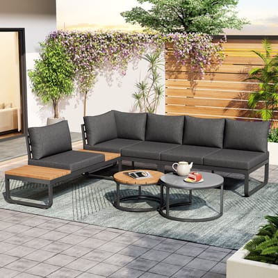 Loungeset - Tuinmeubelset Voor 4-5 Personen - 2 Stapelbare Bijzettafels - Verzinkt IJzeren Frame - Verstelbare Poten - Inclusief Grijze Zit- En Rugkussens