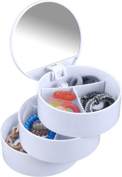 WENKO organizer cosmetica - met spiegel - 3-vaks - Ø 13 cm x 14.5 cm hoog - wit kunststof