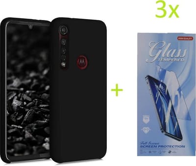 Hoesje Geschikt voor: Motorola Moto G8 Plus TPU Silicone rubberen hoesje + 3 Stuks Tempered screenprotector - zwart