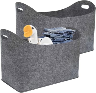 Houten Mand - Vilt Opslag - Brandhout Transport - Set van 2 - 9x31x9 cm - Grijs