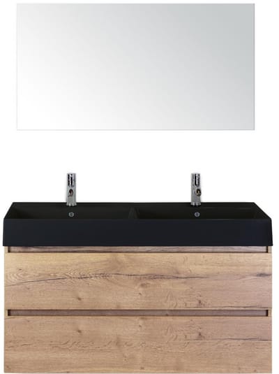 Maxx XL Badmeubelset 120 cm - Natuur Eiken - Wastafel Kube Dubbel Zwart 2 Kraangaten met Spiegel