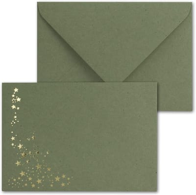 150x Kerst en Feest Enveloppen DIN C6 Kraft Groen met Gouden Metallic Sterrenregen