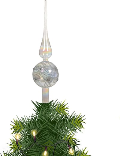 Decoris kerstboom piek gedecoreerd - wit - parelmoer - glas - 31 cm - kerstboompiek