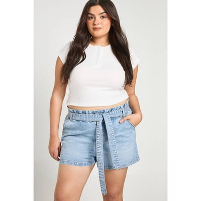 boohoo Dames Plus denim short met paperbag taille | Licht Gebleekt | Maat: 46