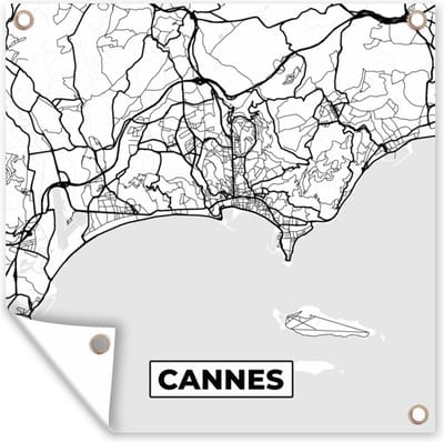 Tuin poster Frankrijk - Cannes - Kaart - Plattegrond - Stadskaart - Zwart wit - 200x200 cm - Tuindoek