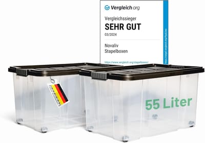 Novaliv 2x Opbergdozen met deksel Groot 55L Antraciet Nestbaar Stapelbaar met clipsluiting Roldozen Kunststof BPA-vrij 61x40x32,5 cm