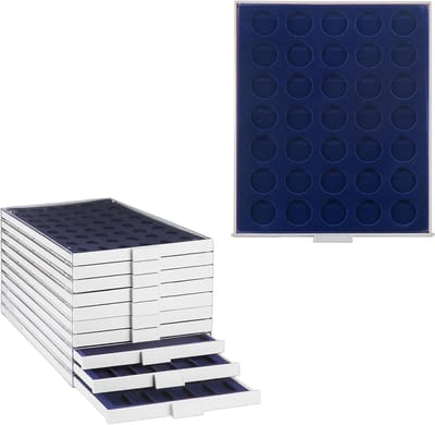 Prophila muntenbox grijs met 35 compartimenten voor 10/20-€uro of munten tot 32,5 mm, blauw inzetstuk