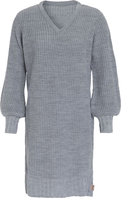 Knit Factory Robin Dames Jurk - Gebreide Trui Jurk - Wollen jurk - Herfst- & winterjurk - Wijde jurk - V-hals - Licht Grijs - 40/42 - Knielengte
