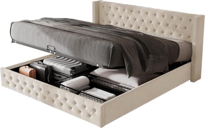 Gestoffeerd tweepersoonsbed met opbergruimte 180x200 cm in beige fluweel