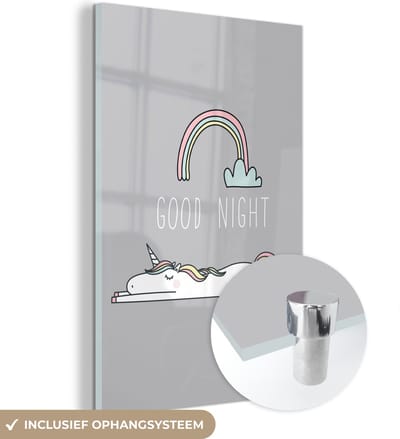 MuchoWow® Glasschilderij 120x180 cm - Schilderij acrylglas - Unicorn - Regenboog - Kinderen - Quotes - Good night - Meisjes - Foto op glas - Schilderijen