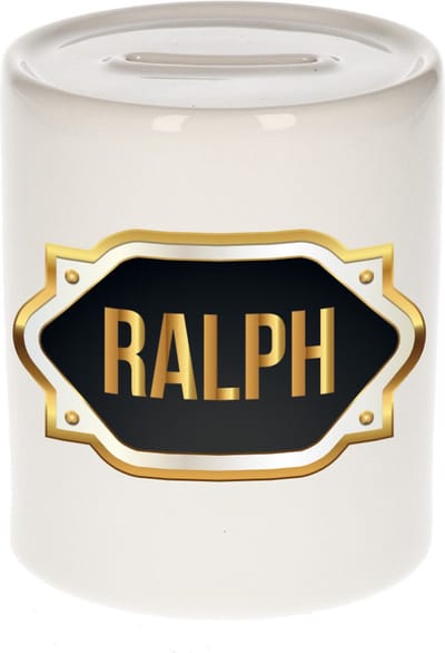 Spaarpot met voornaam Ralph - wit - met goud/zwart embleem - 8 x 9 cm - keramiek - met afsluitdop - cadeau verjaardag