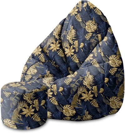 DreamRoots Velvet Zitzak voor Volwassenen – Luxe Beanbag met Voetsteun en Afneembare Hoes – Inclusief Vulling – 80x80x120 cm - Monstera Gold Navy Blue