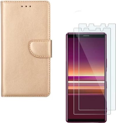 Geschikt voor: Sony Xperia 5 Portemonnee hoesjeGoud met 2 stuks Glas Screen protector