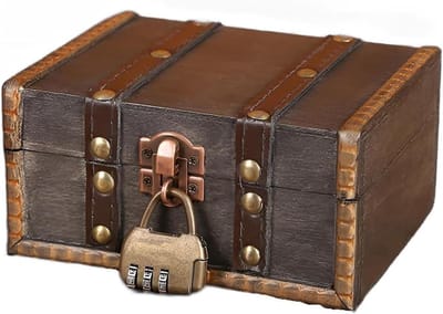 Retro Houten Piratenkist met Combinatieslot, Decoratieve Opbergdoos voor Sieraden en Schat, 15 x 12,5 x 7,5 cm, Vintage Bruin, Perfect voor Cadeaus en Decoratie