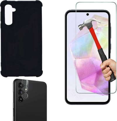 Anti -Shock Silicone hoesje zwart met Screenprotector Glas 1x en Camera lens protector 1x Geschikt voor: Samsung Galaxy A35