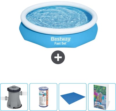 Bestway Rond Opblaasbaar Fast Set Zwembad - 305 x 66 cm - Blauw - Inclusief Pomp Filter - Grondzeil - Zwembadgids