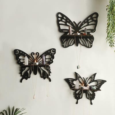 VHV - Wandplank - Hoekplank - Zwevende plank - Vlinder vorm - Houten wanddecoratie - Wandmontage - Voor slaapkamer en woonkamer - Decoratief - Zwart1