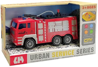 Brandweerwagen met lichtjes en geluid + Water sproeislang - City service brandweerauto (21cm)