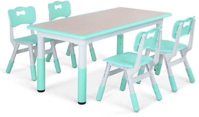 Kindertafel Zyrell en 4 Stoelenset - Voor Peuters en Jonge Kinderen - Verstelbare Tafelset voor Spelen, Studeren & Tekenen - Duurzaam Kunststof in Neutrale Kleuren - Groen - 120x60cm