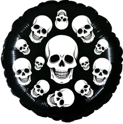 Zwarte folieballon met witte schedels – Dubbelzijdige bedrukking – Halloween / Gothic / Griezelfeest – 45 cm plat (+/–), 35 cm opgeblazen