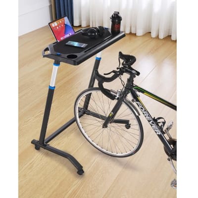 VEVOR stationaire, opvouwbare en verstelbare tafel voor hometrainer en loopband met vergrendelbare wielen, antislip fitnesstafel met meerdere sleuven voor hometrainers en stuurstangen.