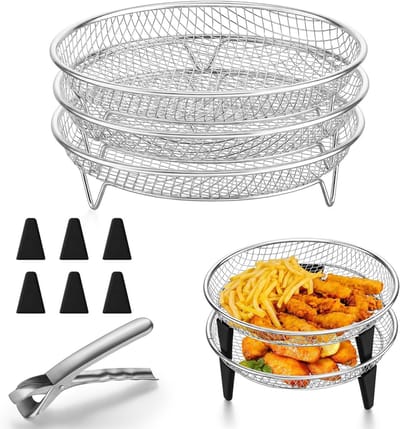 Stainless Steel Grillrooster Set voor Airfryer - 3-delige Accessoires met Siliconen Voetjes en Gripklem voor Bakken en Frituren