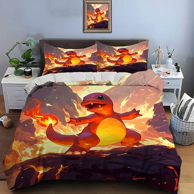 10 Maten Pokémon Charizard Print Beddengoed Set 3 Stuks Set Bed King Size Kussensloop Volwassen Bedovertrek Slaapkamer Bedset voor Cadeaus EU King 240X220cm