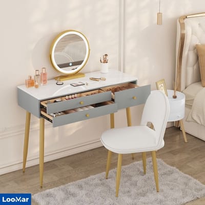 LooMar Kaptafel met spiegel - Schminktafel - Make up tafel - Make up tafel met Spiegel - Grijs - Goud - Wit