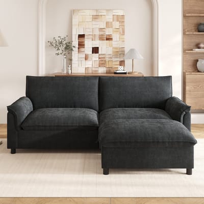OKWISH Hoekbank 216 x 77 x 82 cm - Met Verplaatsbare Hocker En Opbergruimte - Omvormbaar Tot Logeerbed - Chenille - Zwart