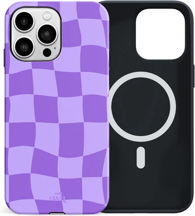 xoxo Wildhearts Violet Vibes - Double Layer - Hoesje geschikt voor iPhone 16 Pro MagSafe case - Siliconen hoesje met golvenprint - Golvende blokjes - Geblokt - Magnetisch telefoonhoesje - Magneet case - Dubbele beschermlaag - Paars