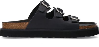 Sacha - Dames - Zwarte leren slippers met buckles - Maat 36