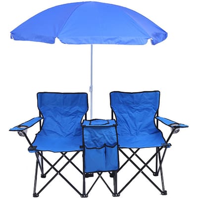 Chaise pliante pliable et Portable, pour Camping, plage, pelouse, extérieur, avec parasol, sac de glace, pour deux personnes bleu