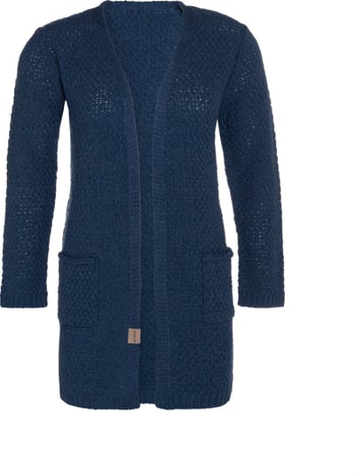 Knit Factory Luna Gebreid Vest Jeans - Gebreide dames cardigan - Middellang vest reikend tot boven de knie - Donkerblauw damesvest gemaakt uit 30% wol en 70% acryl - 36/38 - Met steekzakken
