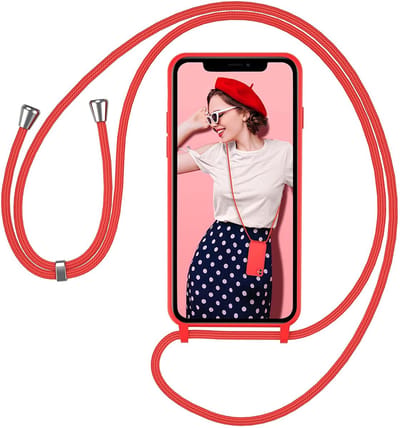Hoesje met koord - ketting - Draagriem voor Schouder / Nek - Schouder tas - Geschikt voor: iPhone 14 Plus - rood