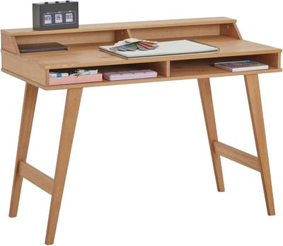 Bureau met 2 open vakken van massief grenenhout in bruin, stijlen computertafel met conische poten