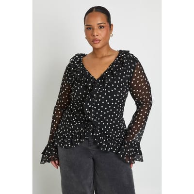 boohoo Dames Plus Chiffon Zebra Ruffle Top | Zwart | Maat: 44